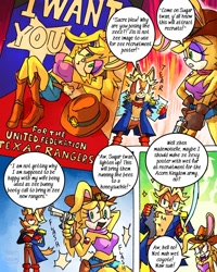 Size: 1080x1350 | Tagged: safe, artist:dorefatum, antoine d'coolette, bunnie rabbot, coyote, rabbit, 2026, angry, clothes, comic, dialogue, duo, english text, female, gun, hat, holding something, looking at viewer, male, paper, pose, recruitment poster, revolver, scarf, sexy, shorts, sparkles, speech bubble, star (symbol), tattoo, tearing paper, undressing, weapon