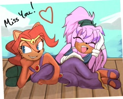 Size: 1200x975 | Tagged: safe, artist:jamesst450, julie-su, sally acorn, chipmunk, echidna, 2025, cloud, daytime, duo, english text, eyes closed, female, heart, looking at viewer, lying down, open smile, pose, queen sally acorn, smile, smiling at viewer