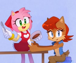 Size: 1024x841 | Tagged: safe, artist:puntyhoot, amy rose, sally acorn, chipmunk, hedgehog, 2025, baking, blue background, bowl, cooking, duo, female, holding something, looking at viewer, pillow, sally's vest and boots, simple background, sitting, smile, smiling at viewer, spoon, table