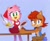 Size: 1024x841 | Tagged: safe, artist:puntyhoot, amy rose, sally acorn, chipmunk, hedgehog, 2025, baking, blue background, bowl, cooking, duo, female, holding something, looking at viewer, pillow, sally's vest and boots, simple background, sitting, smile, smiling at viewer, spoon, standing, table