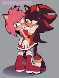 Size: 778x1024 | Tagged: safe, artist:puntyhoot, amy rose, shadow the hedgehog, hedgehog, 2025, amy x shadow, blushing, duo, female, grey background, hugging, looking at them, male, shipping, shy, simple background, standing, straight