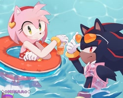 Size: 1024x812 | Tagged: safe, artist:puntyhoot, amy rose, shadow the hedgehog, hedgehog, 2025, amy x shadow, blushing, clothes, drink, drinking glasses, duo, female, frown, glasses, holding something, looking at viewer, male, partially submerged, shipping, shirt, shy, smile, smiling at viewer, straight, swimsuit, water