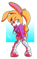 Size: 1704x2668 | Tagged: safe, artist:pantyranger, bunnie rabbot, rabbit, 2026, clothes, cybernetic, cyborg, female, hoodie, looking at viewer, simple background, solo, transparent background