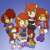 Size: 1817x1801 | Tagged: safe, artist:shadowwalk, sonia acorn, chipmunk, 2024, adult, child, female, frown, gradient background, group, hand on another's head, looking at viewer, looking offscreen, looking up, looking up at viewer, mouth open, necklace, open smile, parent:sally, parent:sonic, parents:sonally, self paradox, smile, smiling at viewer, standing, teenager, wraps