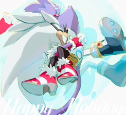 Size: 1415x1283 | Tagged: dead source, safe, artist:miijiu, blaze the cat, silver the hedgehog, cat, hedgehog, alternate outfit, blaze x silver, christmas outfit, duo, english text, eyes closed, female, happy, hat, hugging, male, mid-air, santa hat, shipping, simple background, smile, straight, telekinesis, white background