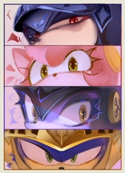 Size: 2600x3592 | Tagged: safe, artist:legochet, amy rose, blaze the cat, nimue, shadow the hedgehog, sonic the hedgehog, cat, hedgehog, sonic and the black knight, 2024, armor, excalibur sonic, eyes view, female, knight armor, looking at viewer, male, quartet, sir lancelot, sir percival
