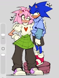 Size: 962x1274 | Tagged: safe, artist:kobuvox, amy rose, sonic the hedgehog, amy x sonic, duo, hand on hip, shipping, shoes, skirt
