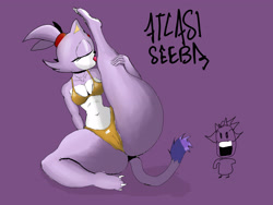 Size: 4000x3000 | Tagged: suggestive, artist:atlasiseebaa, blaze the cat, cat, bikini, golden bikini, licking, purple background, signature, tail, thick thighs, watermark