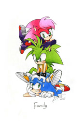 Size: 1024x1472 | Tagged: safe, artist:finikart, sonia the hedgehog, sonic the hedgehog, hedgehog, 2016, brother and sister, ear piercing, english text, female, looking at each other, lying down, male, manic the hedgehog, piercing, siblings, simple background, stacked, sweatdrop, treads, trio, white background