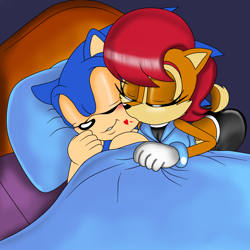 Size: 2500x2500 | Tagged: safe, artist:classicsonicsatam, sally acorn, sonic the hedgehog, chipmunk, hedgehog, 2020, bed, bedroom, blanket, blushing, duo, female, heart, kiss, male, pillow, sally x sonic, sally's ringblader outfit, shipping, sleeping, straight