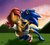 Size: 1137x1024 | Tagged: suggestive, artist:goldthsky, artist:sweetsilvy, sally acorn, sonic the hedgehog, chipmunk, hedgehog, 2015, afternoon, blushing, duo, eyes closed, female, grass, grass field, looking at each other, male, mountain, sally x sonic, sally's vest and boots, shipping, straight