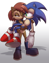 Size: 900x1145 | Tagged: safe, artist:dawnbest, sally acorn, sonic the hedgehog, chipmunk, hedgehog, 2012, carrying them, duo, female, looking at each other, male, sally x sonic, sally's vest and boots, shadow (lighting), shipping, simple background, smile, smiling at each other, standing, straight, white background
