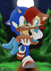 Size: 1000x1400 | Tagged: safe, artist:chicaaaaa, sally acorn, sonic the hedgehog, chipmunk, hedgehog, 2011, carrying them, disabled, duo, female, forest, male, moon, nighttime, running, sally x sonic, sally's vest and boots, scar, shipping, star (sky), straight