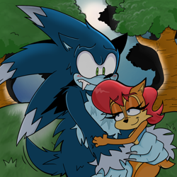 Size: 1280x1280 | Tagged: safe, artist:simplykatastrophic23, sally acorn, sonic the hedgehog, chipmunk, hedgehog, 2024, blushing, duo, female, forest, hugging, looking at each other, male, moon, sally x sonic, sally's vest and boots, shipping, sonic the werehog, straight, tree, were form, werehog