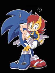 Size: 2500x3333 | Tagged: safe, artist:vika7182, sally acorn, sonic the hedgehog, chipmunk, hedgehog, 2020, black background, duo, female, heart, looking at them, male, sally x sonic, sally's ringblader outfit, shipping, shy, simple background, sitting, straight