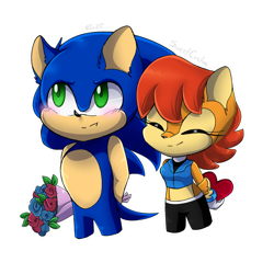 Size: 894x894 | Tagged: safe, artist:risziarts, artist:syrcaii, sally acorn, sonic the hedgehog, chipmunk, hedgehog, 2020, blushing, duo, eyes closed, female, flower, holding something, male, sally x sonic, sally's ringblader outfit, shipping, simple background, standing, straight, transparent background