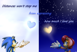 Size: 1536x1024 | Tagged: safe, artist:risziarts, sally acorn, sonic the hedgehog, chipmunk, hedgehog, 2020, daytime, duo, english text, female, floating, hand out, heart, male, nighttime, sally x sonic, sally's ringblader outfit, shipping, star (sky), straight, sunlight