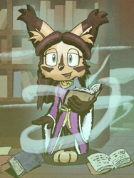 Size: 847x1129 | Tagged: safe, artist:c0ngatime, nicole the hololynx, lynx, sonic and the black knight, 2023, book, english text, female, holding something, library, looking at viewer, necklace, solo