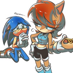 Size: 1024x1024 | Tagged: safe, artist:mwou1133746, sally acorn, sonic the hedgehog, chipmunk, hedgehog, 2026, begging, chili dog, dialogue, duo, english text, female, food, holding something, hot dog, looking at each other, male, sally's ringblader outfit, simple background, white background