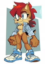Size: 1448x2048 | Tagged: safe, artist:percivoreart, sally acorn, chipmunk, 2026, female, looking offscreen, nike, redesign, sally's vest and boots, shoes, simple background, solo, standing
