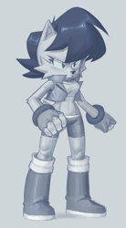Size: 422x767 | Tagged: safe, artist:g_e_kun, sally acorn, chipmunk, 2024, female, looking offscreen, sally's ringblader outfit, simple background, solo, standing