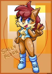 Size: 2867x4096 | Tagged: safe, artist:anoerstheawe, sally acorn, chipmunk, 2026, abstract background, character name, english text, female, looking at viewer, open smile, sally's vest and boots, smile, solo, standing, v sign