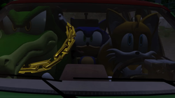 Size: 1920x1080 | Tagged: safe, artist:greatwhite studios, miles "tails" prower, sonic the hedgehog, vector the crocodile, crocodile, fox, hedgehog, 3d, car, looking offscreen, looking up, nighttime, screencap, trio