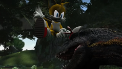 Size: 1920x1080 | Tagged: safe, artist:greatwhite studios, miles "tails" prower, fox, 3d, crowbar, daytime, dinosaur, duo, fight, holding something, jungle, looking down, mid-air, outdoors, screencap, treads, tree, weapon