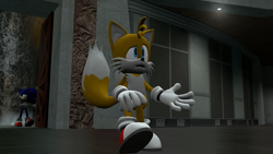 Size: 1920x1080 | Tagged: safe, artist:greatwhite studios, miles "tails" prower, sonic the hedgehog, fox, hedgehog, 3d, doorway, duo, indoors, looking offscreen, screencap, treads, water, waterfall