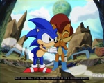 Size: 4096x3277 | Tagged: safe, artist:mistajonz, sally acorn, sonic the hedgehog, chipmunk, hedgehog, 2026, abc (tv channel), classic sonic, covering mouth, daytime, dialogue, duo, english text, sally's vest and boots, sonic satam, vhs filter
