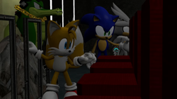 Size: 1920x1080 | Tagged: safe, artist:greatwhite studios, miles "tails" prower, silver the hedgehog, sonic the hedgehog, vector the crocodile, crocodile, fox, hedgehog, 3d, group, looking at something, looking offscreen, quartet, screencap, smile