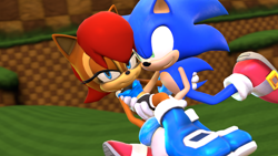 Size: 1920x1080 | Tagged: safe, artist:splatfoon, sally acorn, sonic the hedgehog, chipmunk, hedgehog, green hill zone, 2017, 3d, carrying them, daytime, duo, female, looking offscreen, male, running, sally x sonic, sally's ringblader outfit, shipping, source filmmaker, straight