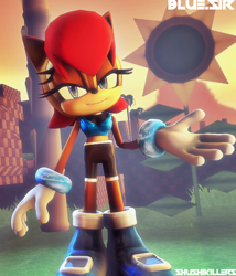 Size: 924x1080 | Tagged: safe, artist:splatfoon, sally acorn, chipmunk, green hill zone, 2016, 3d, female, flower, looking at viewer, sally's ringblader outfit, smile, smiling at viewer, solo, source filmmaker, sun flower, sunset