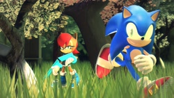 Size: 1920x1080 | Tagged: safe, artist:splatfoon, sally acorn, sonic the hedgehog, chipmunk, hedgehog, 2017, 3d, daytime, duo, female, forest, grass, looking at each other, male, running, sally x sonic, sally's ringblader outfit, shipping, source filmmaker, straight, tree