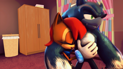Size: 1920x1080 | Tagged: safe, artist:splatfoon, sally acorn, sonic the hedgehog, chipmunk, hedgehog, 2017, 3d, daytime, duo, eyes closed, female, hugging, indoors, male, sally x sonic, sally's ringblader outfit, shipping, sonic the werehog, source filmmaker, straight, were form, werehog