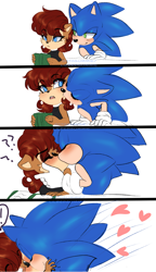 Size: 2088x3635 | Tagged: safe, artist:lilredgummie, sally acorn, sonic the hedgehog, chipmunk, hedgehog, 2022, blushing, book, comic, duo, exclamation mark, falling, female, hand on another's cheek, heart, high res, holding something, kiss, kiss on cheek, looking at them, male, no dialogue, question mark, reading, sally x sonic, sally's ringblader outfit, shipping, sitting, speech bubble, straight, surprise kiss, surprised, table