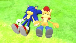 Size: 1920x1080 | Tagged: safe, artist:micktrap397, sally acorn, sonic the hedgehog, chipmunk, hedgehog, 2020, 3d, daytime, duo, eyes closed, female, gmod, grass, holding hands, lying down, male, relaxing, sally x sonic, sally's vest and boots, shipping, straight