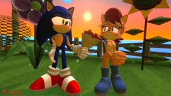 Size: 1920x1080 | Tagged: safe, artist:yuiikale2, sally acorn, sonic the hedgehog, chipmunk, hedgehog, green hill zone, 2020, 3d, blushing, duo, female, flower, giving object, holding something, male, rose, sally x sonic, sally's vest and boots, shipping, source filmmaker, sparkles, standing, straight, sun, sun flower