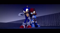 Size: 1920x1080 | Tagged: safe, artist:yuiikale2, sally acorn, sonic the hedgehog, chipmunk, hedgehog, 2022, 3d, duo, female, leaning on them, looking at each other, male, nighttime, sally x sonic, sally's ringblader outfit, shipping, smile, smiling at each other, source filmmaker, standing, star (sky), straight