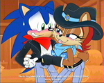Size: 1248x1000 | Tagged: suggestive, artist:classicsonicsatam, sally acorn, sonic the hedgehog, chipmunk, hedgehog, 2025, barn, blushing, bra, building, clothes, cowboy outfit, dialogue, duo, english text, female, hat, indoors, jacket, male, pants, sally x sonic, scarf, shipping, shirt, straight, tongue out, vhs filter