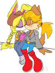 Size: 1510x2000 | Tagged: safe, artist:yoshiyoshi700, antoine d'coolette, bunnie rabbot, coyote, rabbit, 2022, blushing, buntoine, clothes, commission, duo, eyes closed, fully clothed, hand on another's arm, hand on another's shoulder, hat, kiss, pants, roboticized, shipping, shirt, simple background, sitting, straight, tied hair, white background