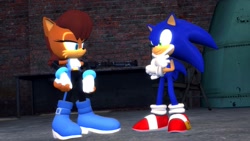 Size: 1920x1080 | Tagged: safe, artist:spikehedgelion8, sally acorn, sonic the hedgehog, chipmunk, hedgehog, 2022, alternate outfit, duo, female, garage, gmod, gun, indoors, looking at each other, male, minigun, ringblader, sally x sonic, shipping, straight, table, thinking, weapon