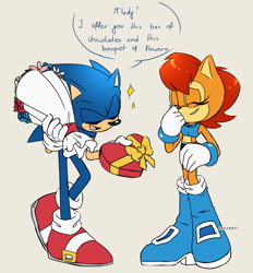 Size: 1299x1398 | Tagged: safe, artist:risziarts, sally acorn, sonic the hedgehog, chipmunk, hedgehog, 2022, dialogue, duo, english text, eyes closed, female, flower, giving object, heart shape box, holding something, male, sally x sonic, sally's ringblader outfit, shipping, simple background, sparkles, speech bubble, straight, valentine's day