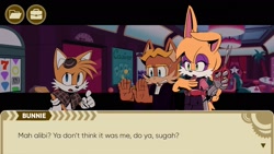 Size: 1920x1080 | Tagged: safe, artist:jadepesky, antoine d'coolette, bunnie rabbot, miles "tails" prower, coyote, fox, rabbit, the murder of sonic the hedgehog, 2025, alternate outfit, clothes, dialogue, english text, fake screenshot, female, holding something, male, ring (jewelry), roboticized, scissors, sweatdrop, the mirage express, trio, wedding ring