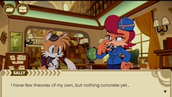 Size: 1920x1080 | Tagged: safe, artist:jadepesky, miles "tails" prower, sally acorn, chipmunk, fox, the murder of sonic the hedgehog, 2025, alternate outfit, clothes, daytime, dialogue, duo, english text, fake screenshot, female, hat, library, male, the mirage express, thinking