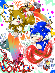 Size: 480x640 | Tagged: safe, artist:seiyo, grounder, miles "tails" prower, robotnik, scratch, sonic the hedgehog, adventures of sonic the hedgehog, 2010, angry, group, looking at each other, looking at them, robot, running, smile, star (symbol)