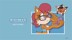 Size: 2048x1152 | Tagged: safe, artist:angiethecat, nicole the handheld, nicole the hololynx, sally acorn, chipmunk, lynx, 2026, adjusting glasses, duo, english text, eyes closed, glasses, heart, holding something, hololynx, sally's vest and boots, sonic channel, sonic channel style, sonic channel wallpaper style, speech bubble