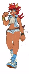 Size: 822x2048 | Tagged: safe, artist:percivoreart, nicole the handheld, sally acorn, human, 2026, clothes, english text, female, humanized, looking offscreen, pose, sally's vest and boots, shirt, shoes, shorts, solo, vest