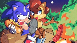 Size: 1920x1080 | Tagged: safe, artist:inkuusan, sally acorn, sonic the hedgehog, chipmunk, hedgehog, 2026, campfire, chili dog, duo, eating, food, forest, grilling, hot dog, log, male, marshmallow, moon, nighttime, sally x sonic, sally's vest and boots, sausage, shipping, sitting, sonic satam, straight, tree, wink