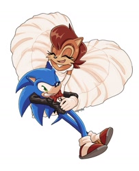 Size: 1333x1640 | Tagged: safe, artist:jadepesky, sally acorn, sonic the hedgehog, chipmunk, hedgehog, 2026, clothes, duo, eyes closed, grin, happy, heart, looking at viewer, male, open smile, sally x sonic, shipping, simple background, smile, smiling at viewer, straight, wedding dress, wedding suit, white background, wink